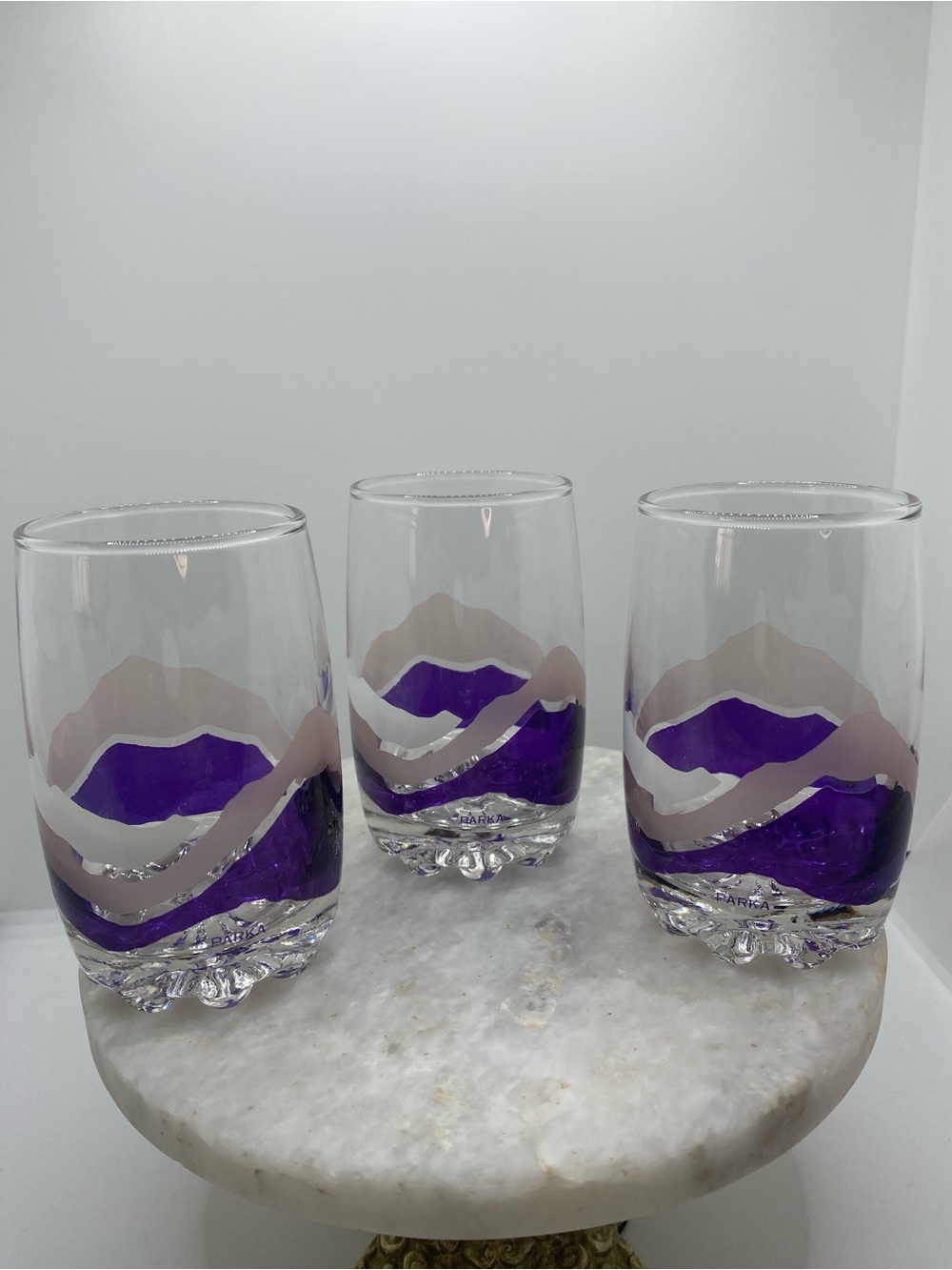 PARKA Low Ball Glass Cups Tumblers Purple Mountains Drinkware Retro Bar Set of 3